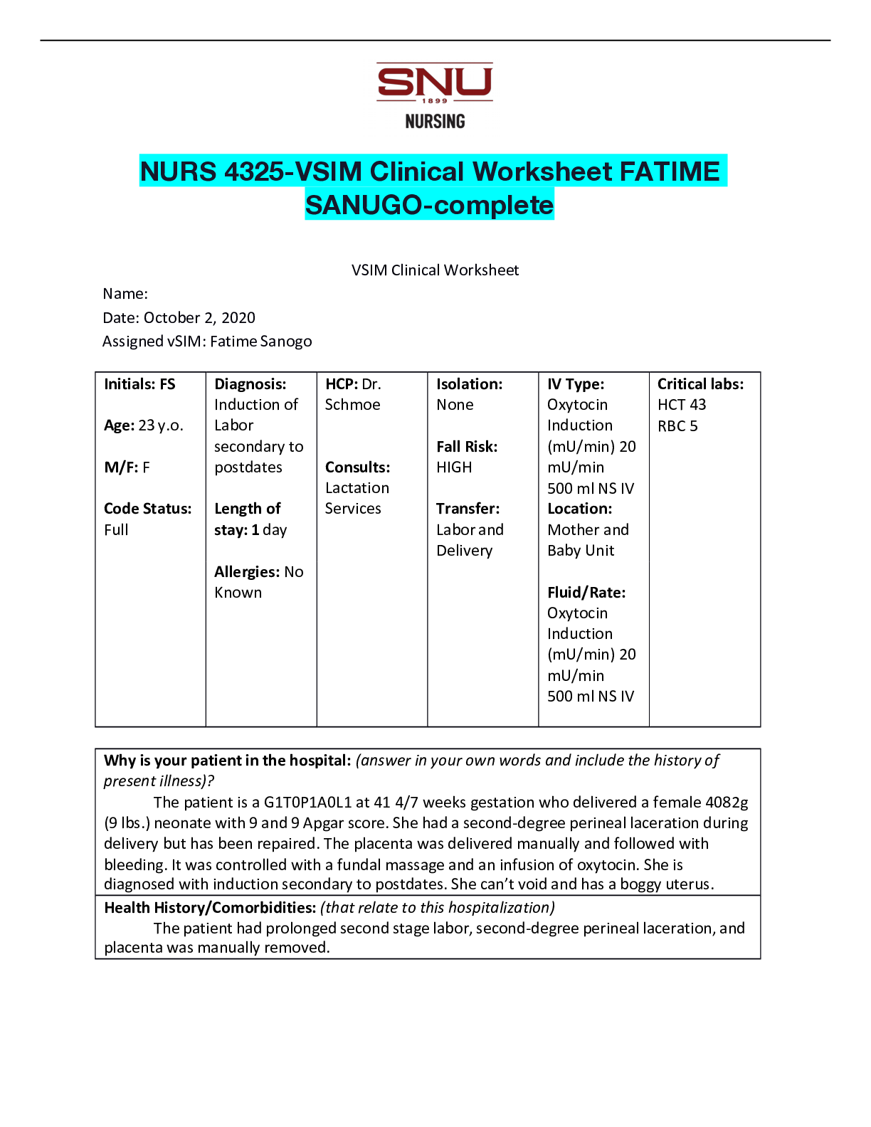 Preview of NURS 4325-VSIM Clinical Worksheet FATIME SANUGO-complete